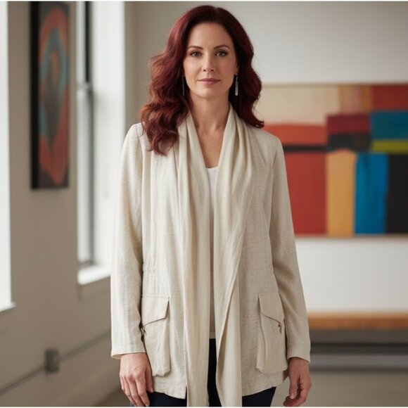 Chico's Sofie Scarf Silk Linen Blazer S 4 Neutral Open Front Pockets Lagenlook - Picture 13 of 13